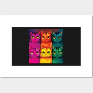 Multicoloured Cats Print in Bold Pink, Orange, Yellow, Green and Blue Posters and Art